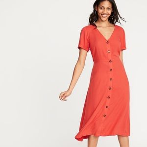Waist-Defined V-Neck Button-Front Dress Tangerine